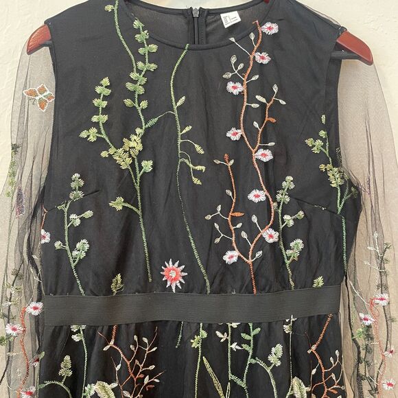 ~ Lg Floral Boho Sheer Dress Botanical Black Flowers Long Sleeve Bohemian Knee - Picture 12 of 14